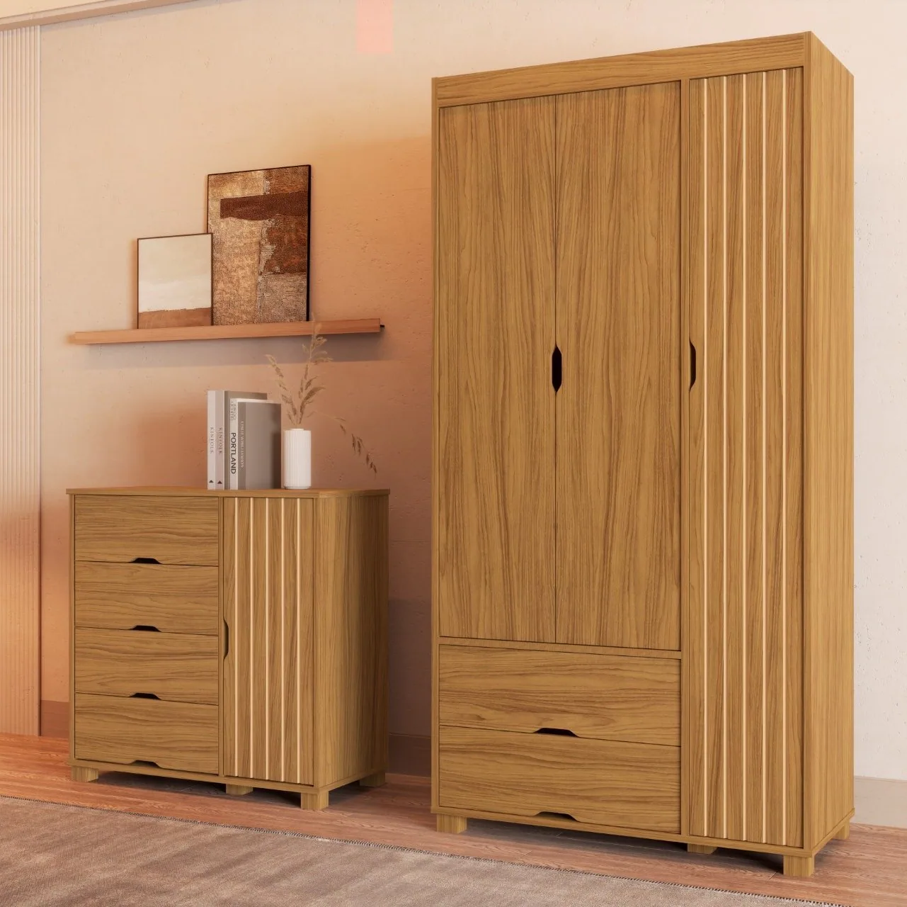 Guarda-Roupa 3 Portas + Cômoda 4 Gavetas com Sapateira Bela Nature – MADEC MÓVEIS