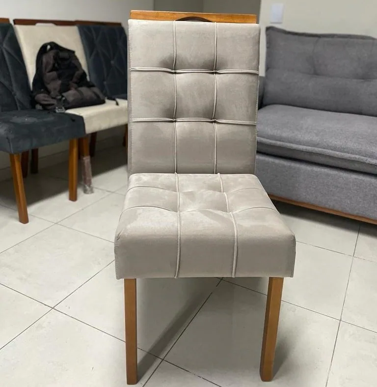 Mesa Classic 160 Cinamomo Laminado com 6 Cadeiras Sophia Veludo Bege – CEL MÓVEIS + WM DECOR