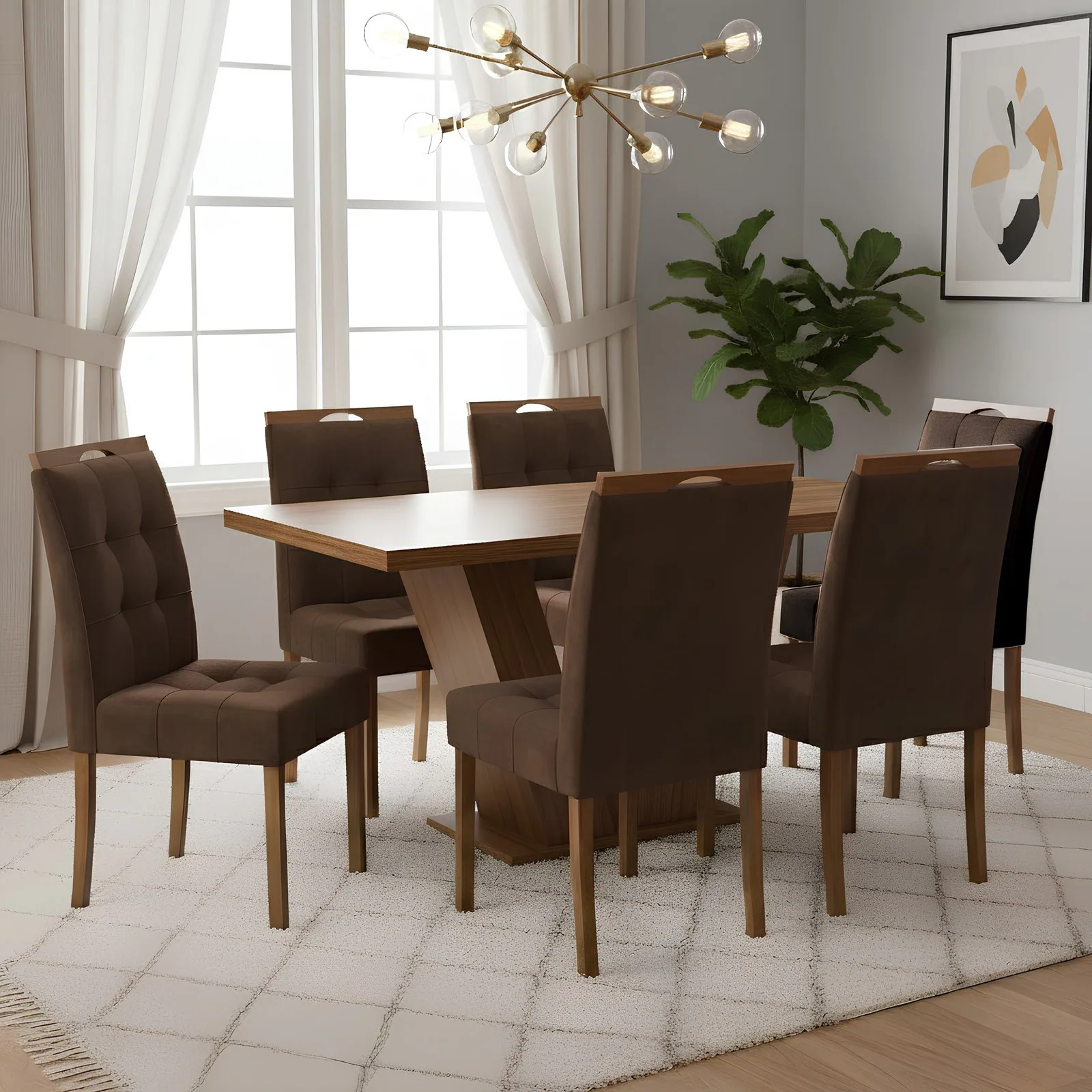 Mesa Classic 160 Cinamomo Laminado com 6 Cadeiras Sophia Veludo Marrom – CEL MÓVEIS + WM DECOR