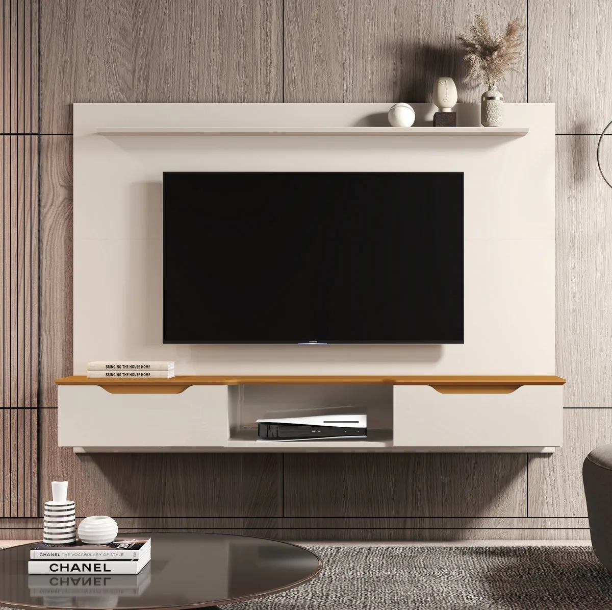 Painel até 65″ Studio Off White/Cedro – EDN MÓVEIS