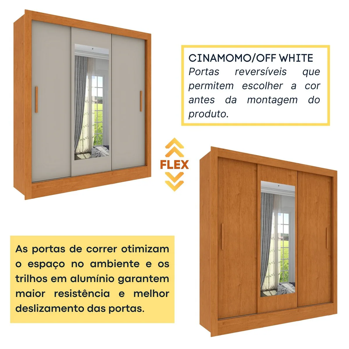 Guarda-Roupa 3 Portas Valência/Turia 1,90 m Cinamomo/Off White/Cinamomo – TCIL