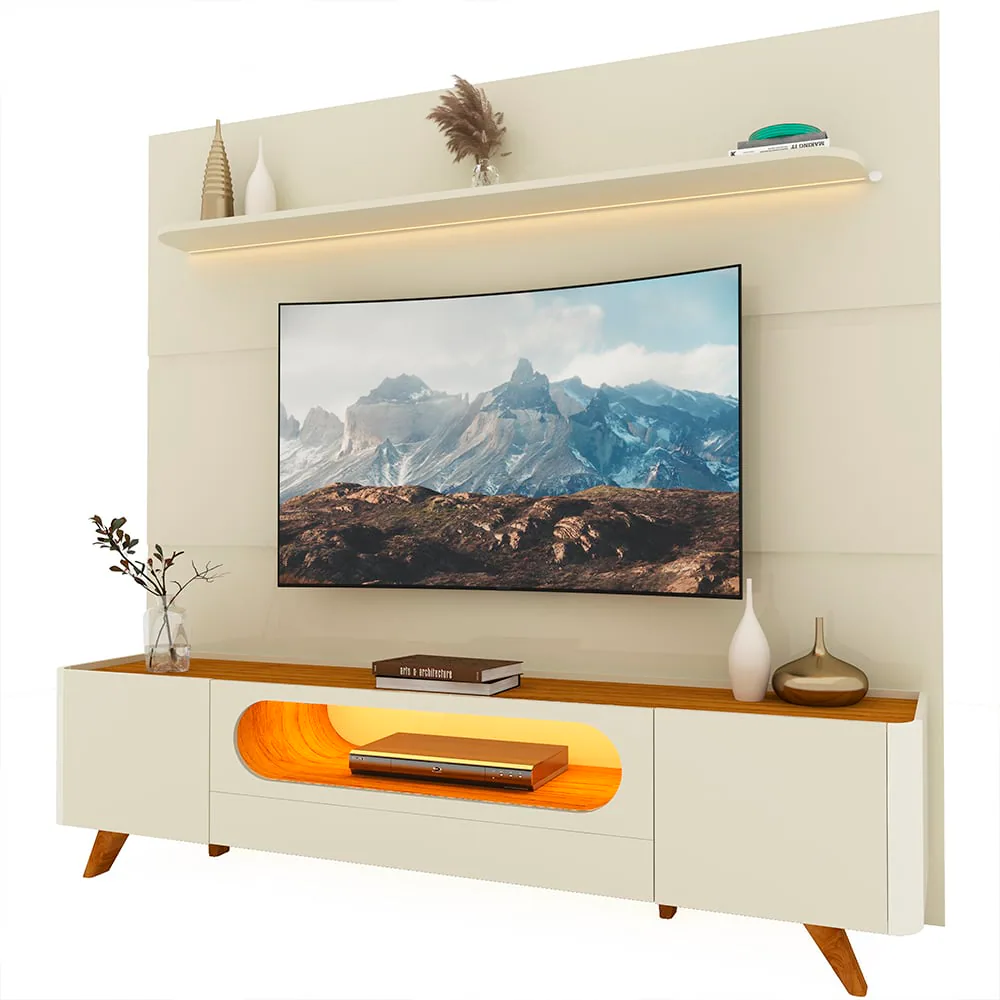 Painel até 85″ Royal 220 Off White + Rack Nobre 210 (Pés de Madeira) Off White/Naturale – GELIUS