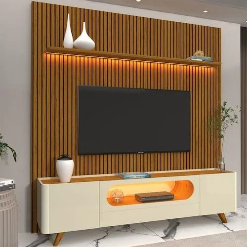 Painel Nobre 230 Naturale + Rack Nobre 210 (Pés de Madeira) Off White/Naturale – GELIUS
