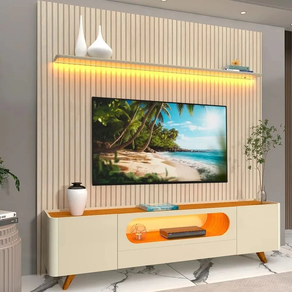 Painel Nobre 230 Off White + Rack Nobre 210 (Pés de Madeira) Off White/Naturale – GELIUS