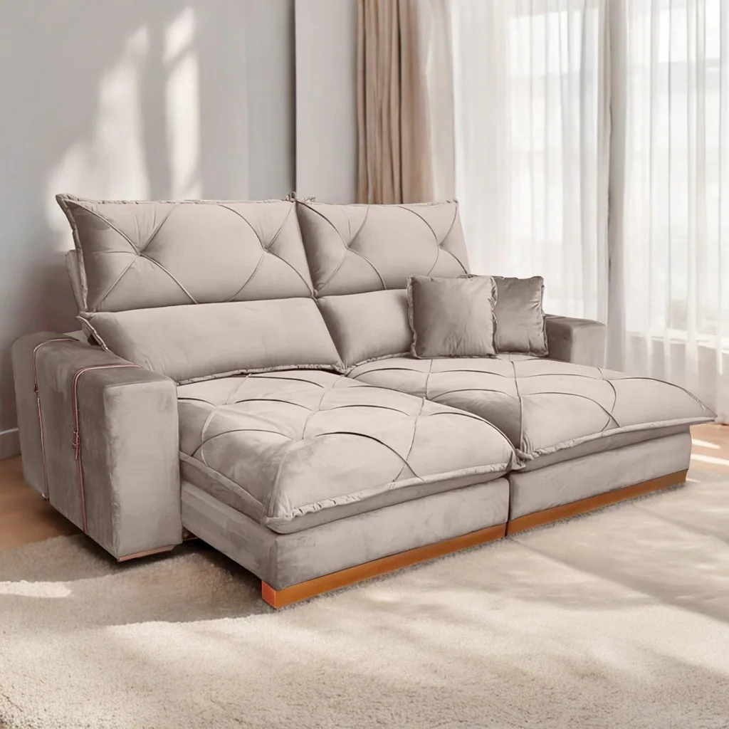 Sofá Retrátil e Reclinável Gran Bello Light 2,50 m Veludo Bege – QUINE ESTOFADOS