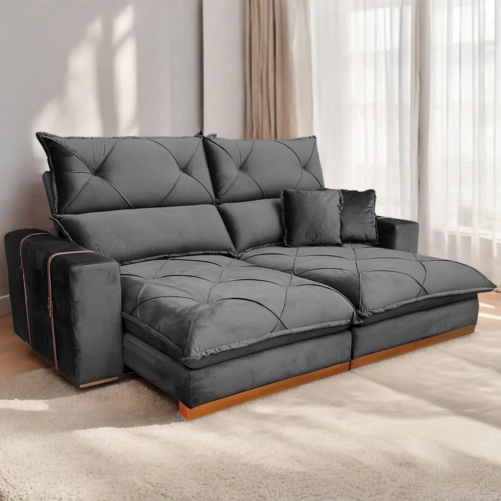 Sofá Retrátil e Reclinável Gran Bello Light 2,50 m Veludo Cinza – QUINE ESTOFADOS