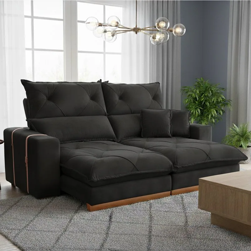 Sofá Retrátil e Reclinável Gran Bello Light 2,50 m Veludo Preto – QUINE ESTOFADOS