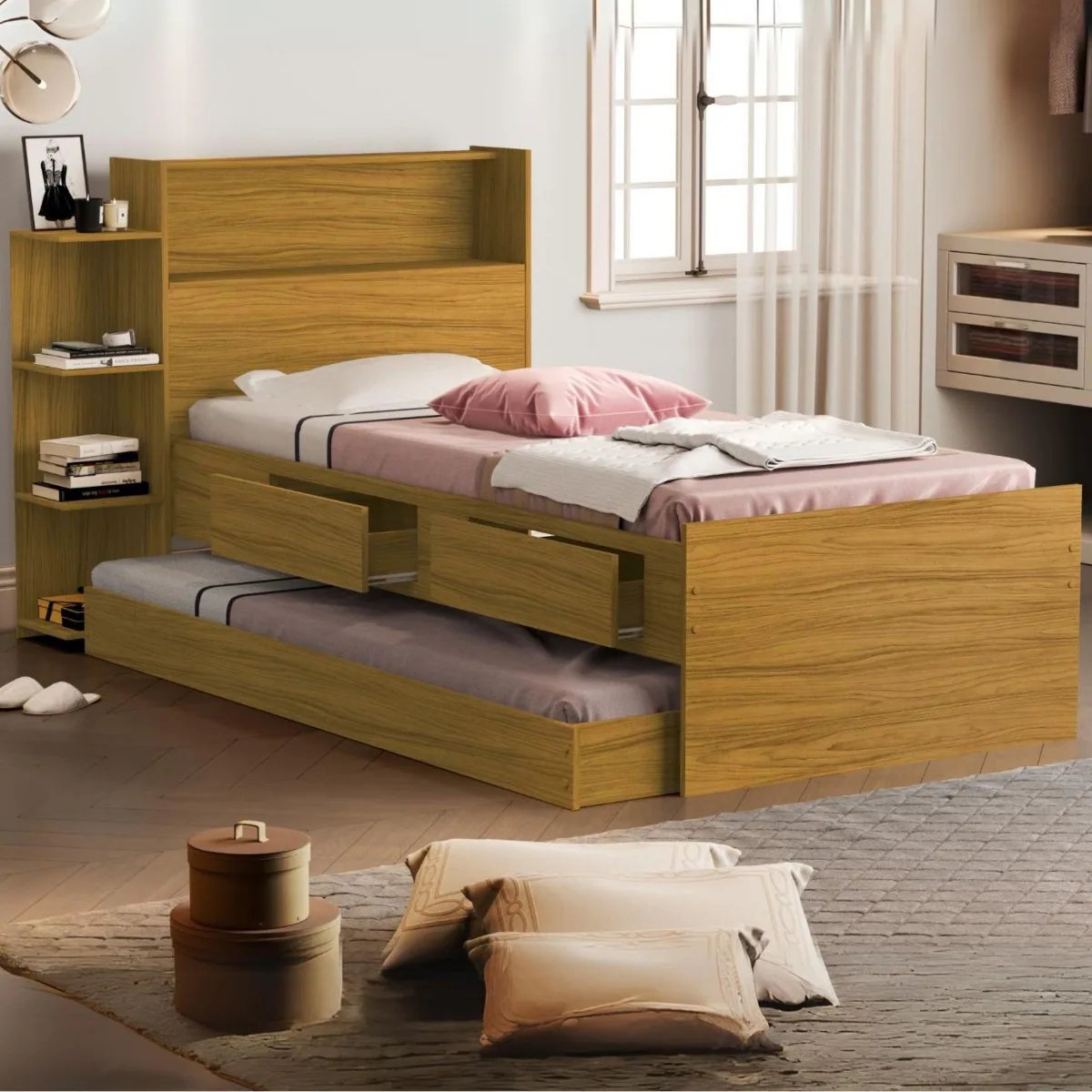 Cama Solteiro Baú Isa + Auxiliar Mili Nature – MADEC/VJ MÓVEIS