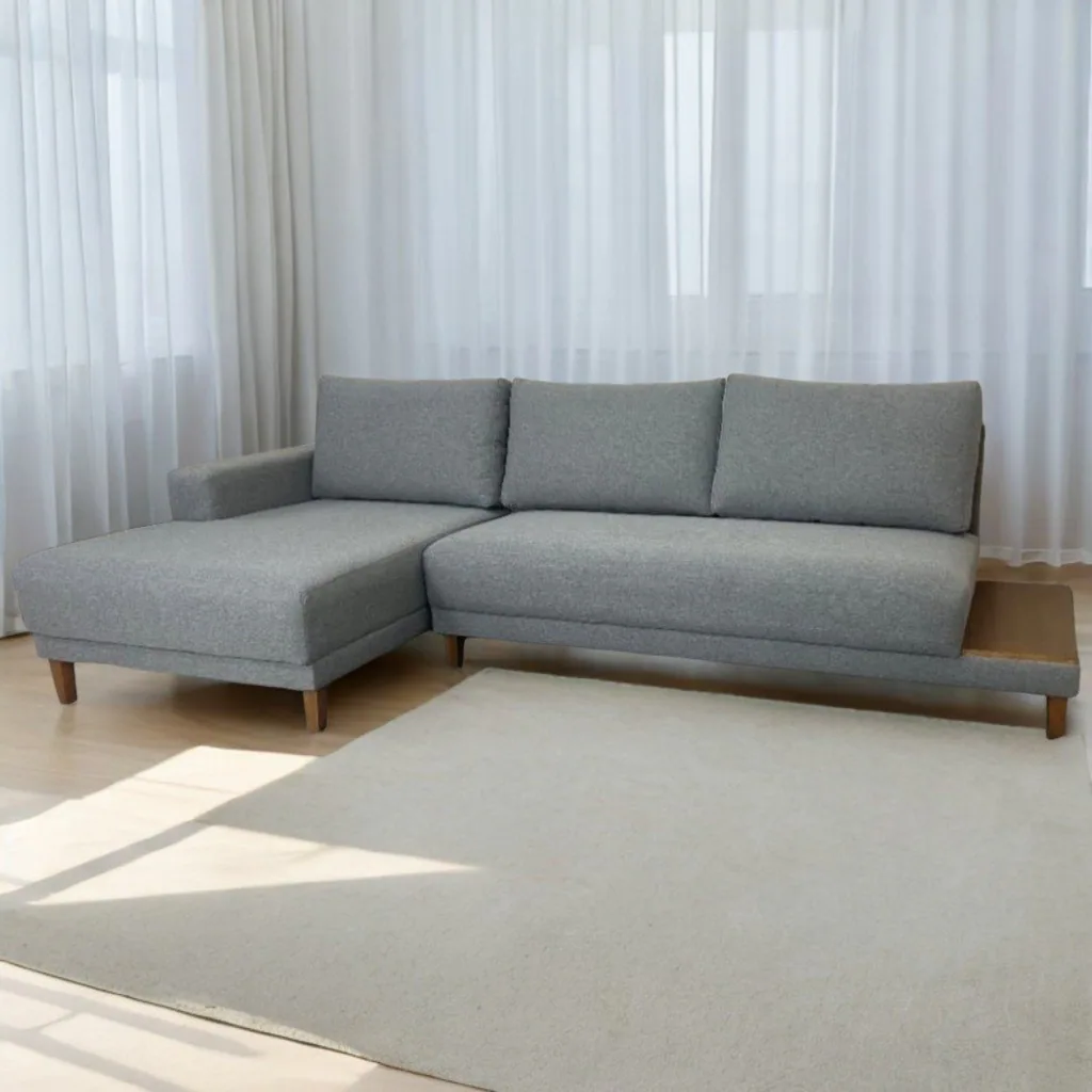 Sofá com Chaise Ref.825 2,90 m Chenile Linho Cinza Firenze – RONDOMÓVEIS
