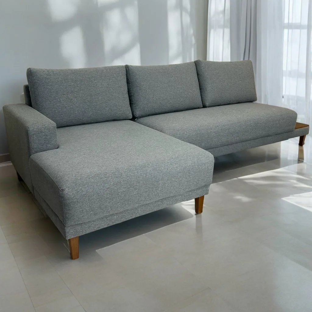 Sofá com Chaise Ref.825 2,90 m Chenile Linho Cinza Firenze – RONDOMÓVEIS