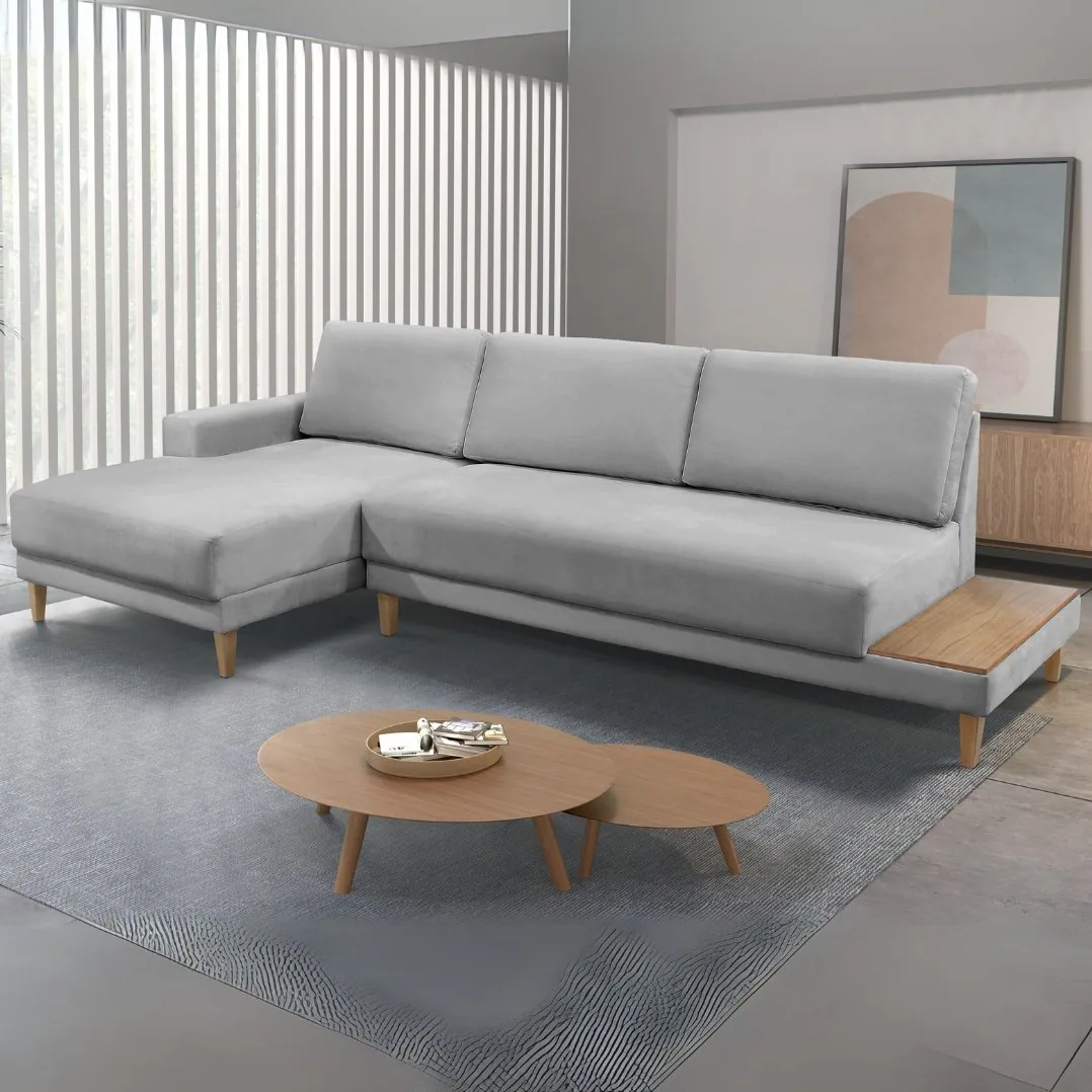 Sofá com Chaise Ref.825 2,90 m Chenile Linho Cinza Firenze – RONDOMÓVEIS