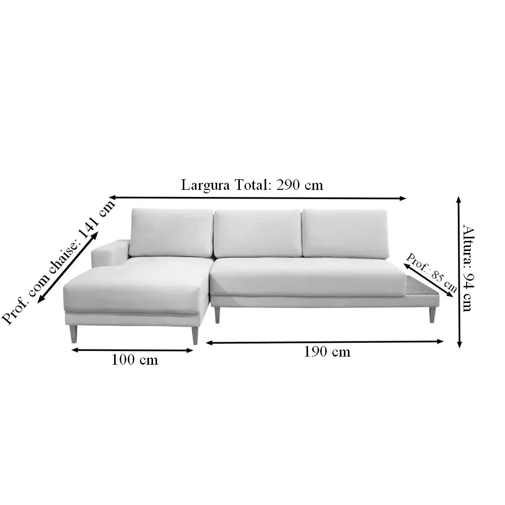 Sofá com Chaise Ref.825 2,90 m Chenile Linho Cinza Firenze – RONDOMÓVEIS