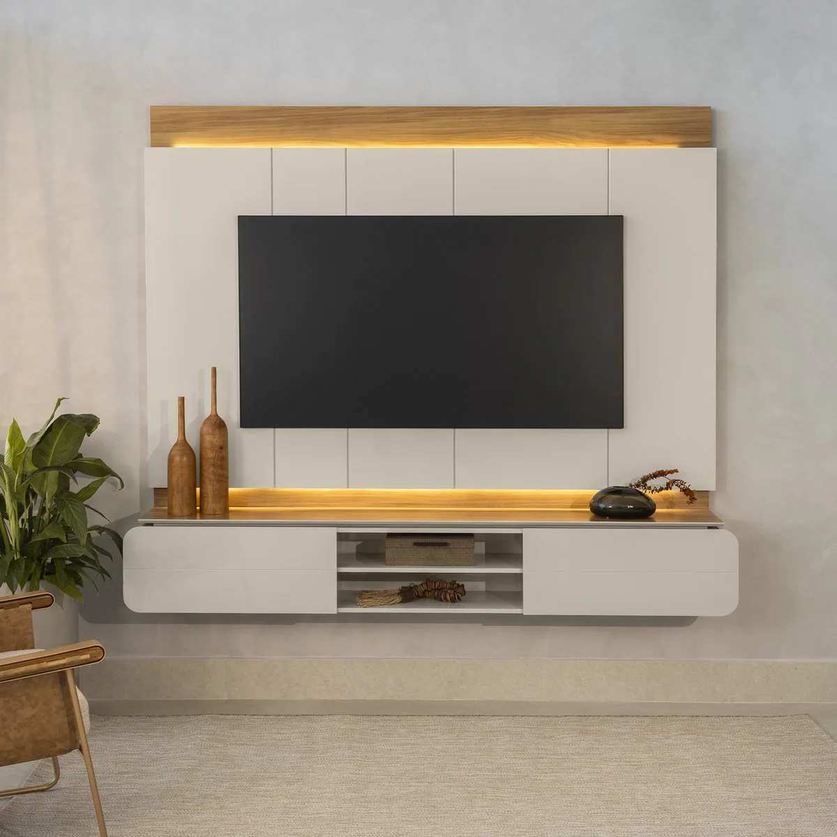 Painel Home até 75″ Zurique Tauari/Off White Brilho – LINEA BRASIL