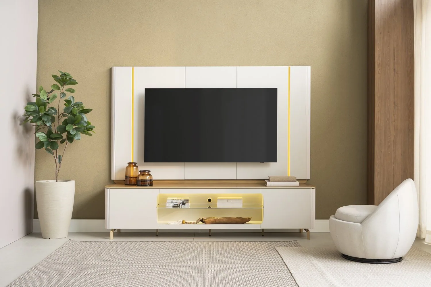 Painel + Rack Santorini Off White/Tauari Fosco – LINEA BRASIL