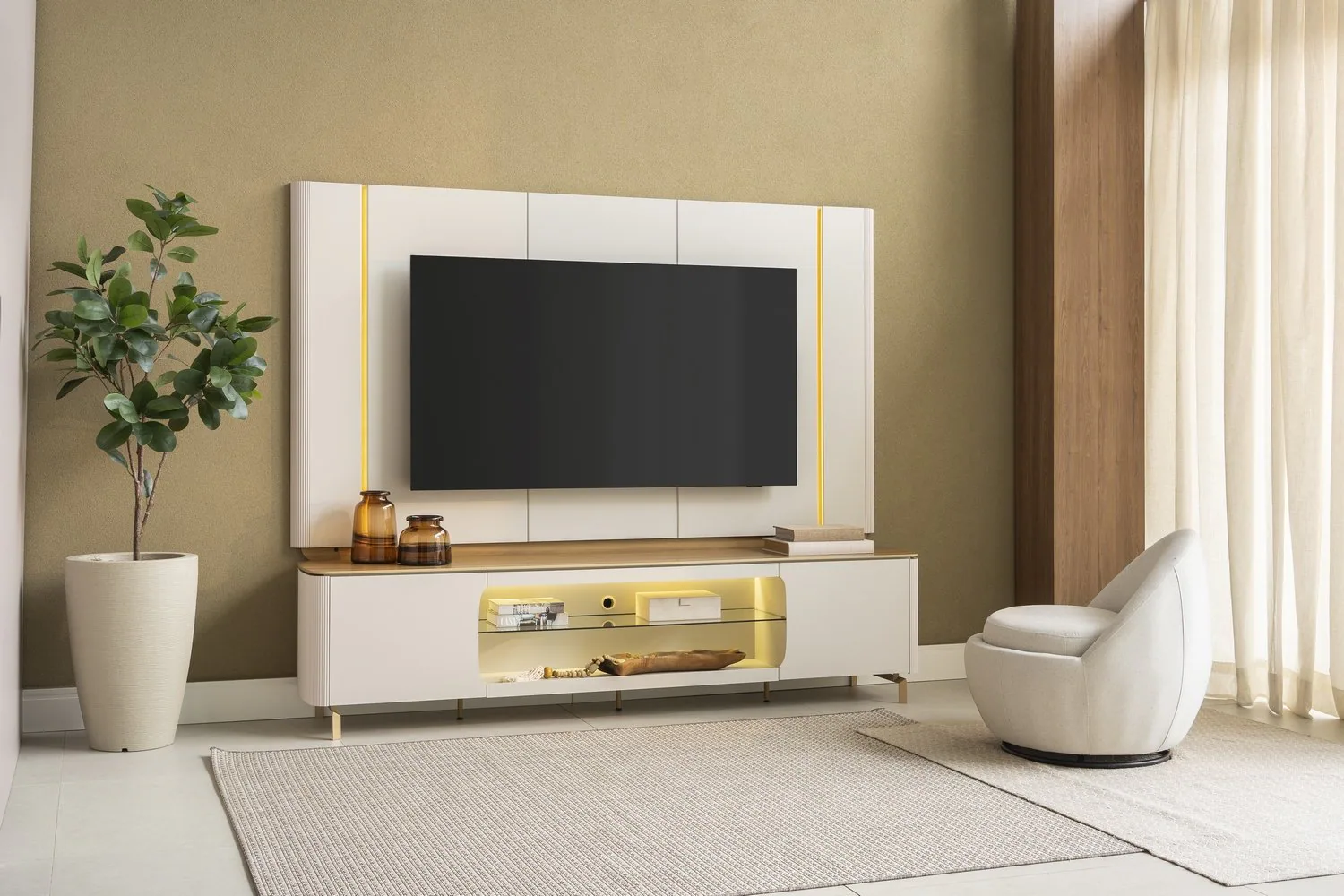 Painel + Rack Santorini Off White/Tauari Fosco – LINEA BRASIL