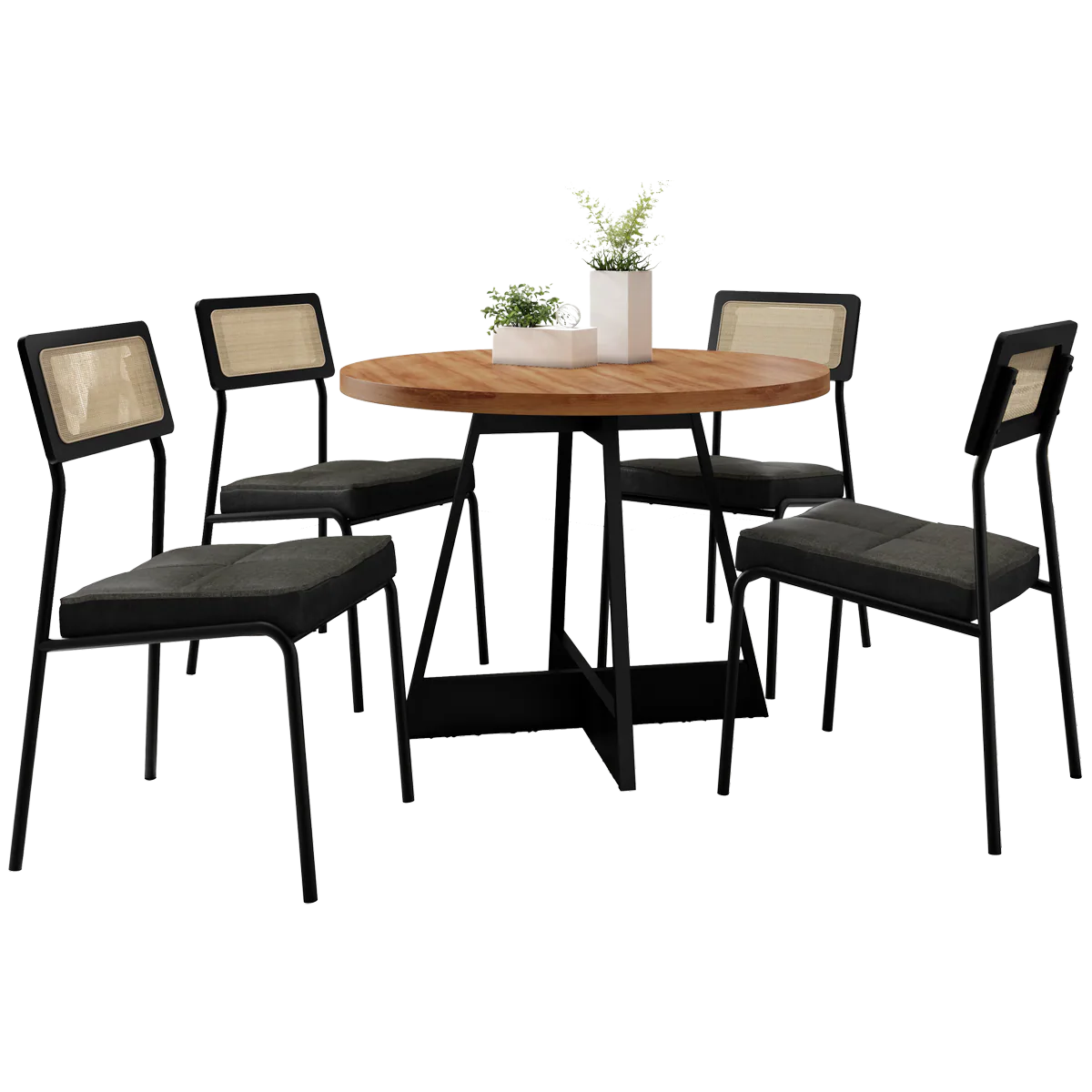 Mesa Átria 1594 Redonda 100 Preto/Nogal com 4 Cadeiras Lux 1741 Preto/Linho Grafite/Corino Preto – CARRARO MÓVEIS