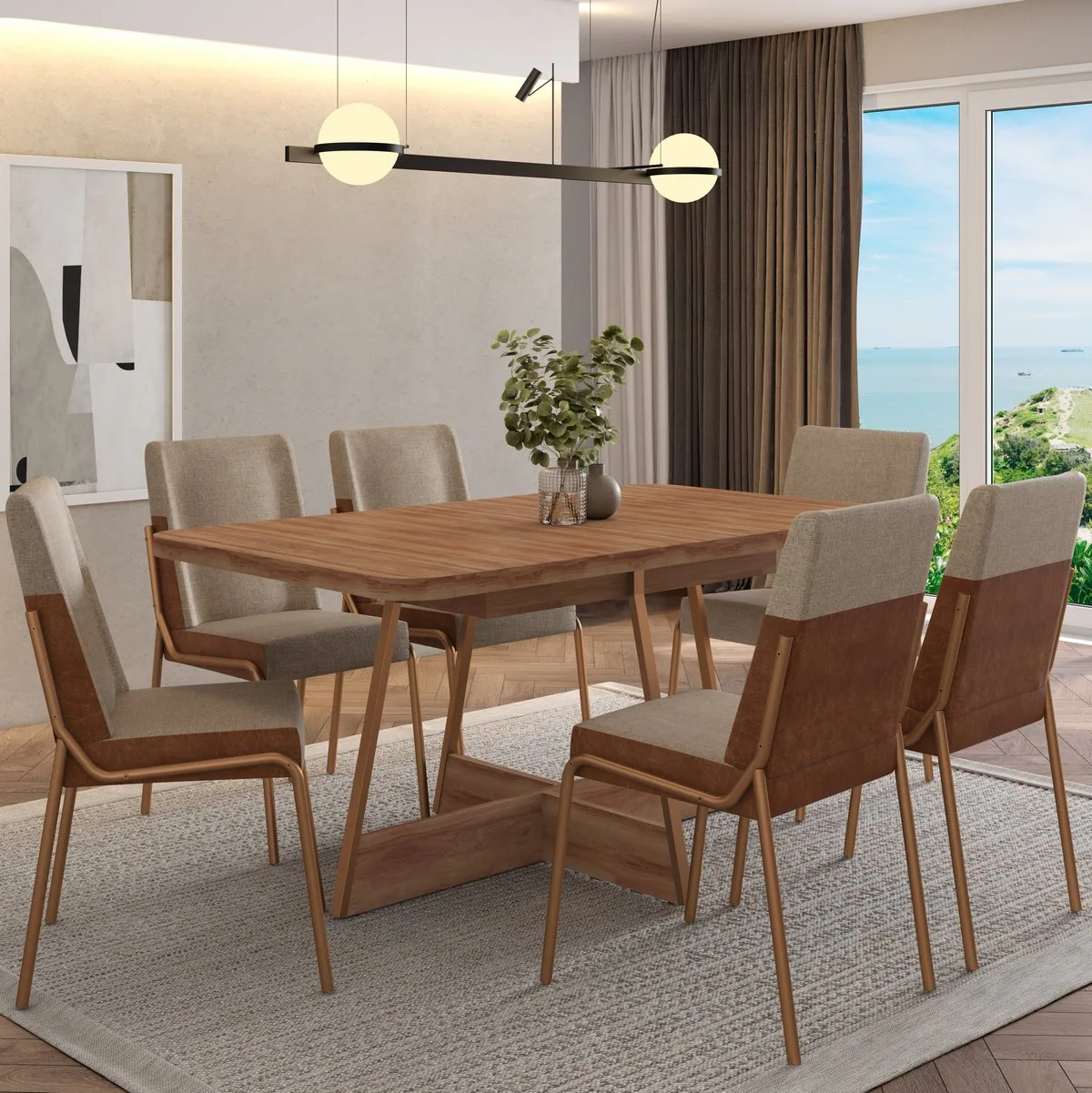 Mesa Átria 1592 160 Rosê Cobre/Nogal Freijó com 6 Cadeiras Hug 1749 Rosê Cobre/Linho Areia/Corino Caramelo – CARRARO
