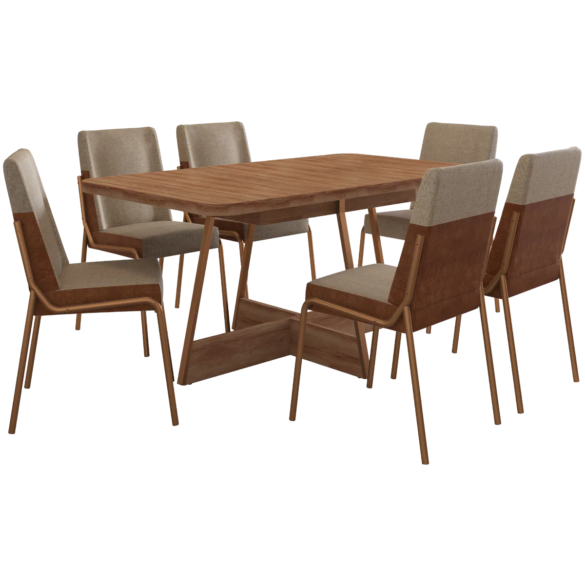 Mesa Átria 1592 160 Rosê Cobre/Nogal Freijó com 6 Cadeiras Hug 1749 Rosê Cobre/Linho Areia/Corino Caramelo – CARRARO