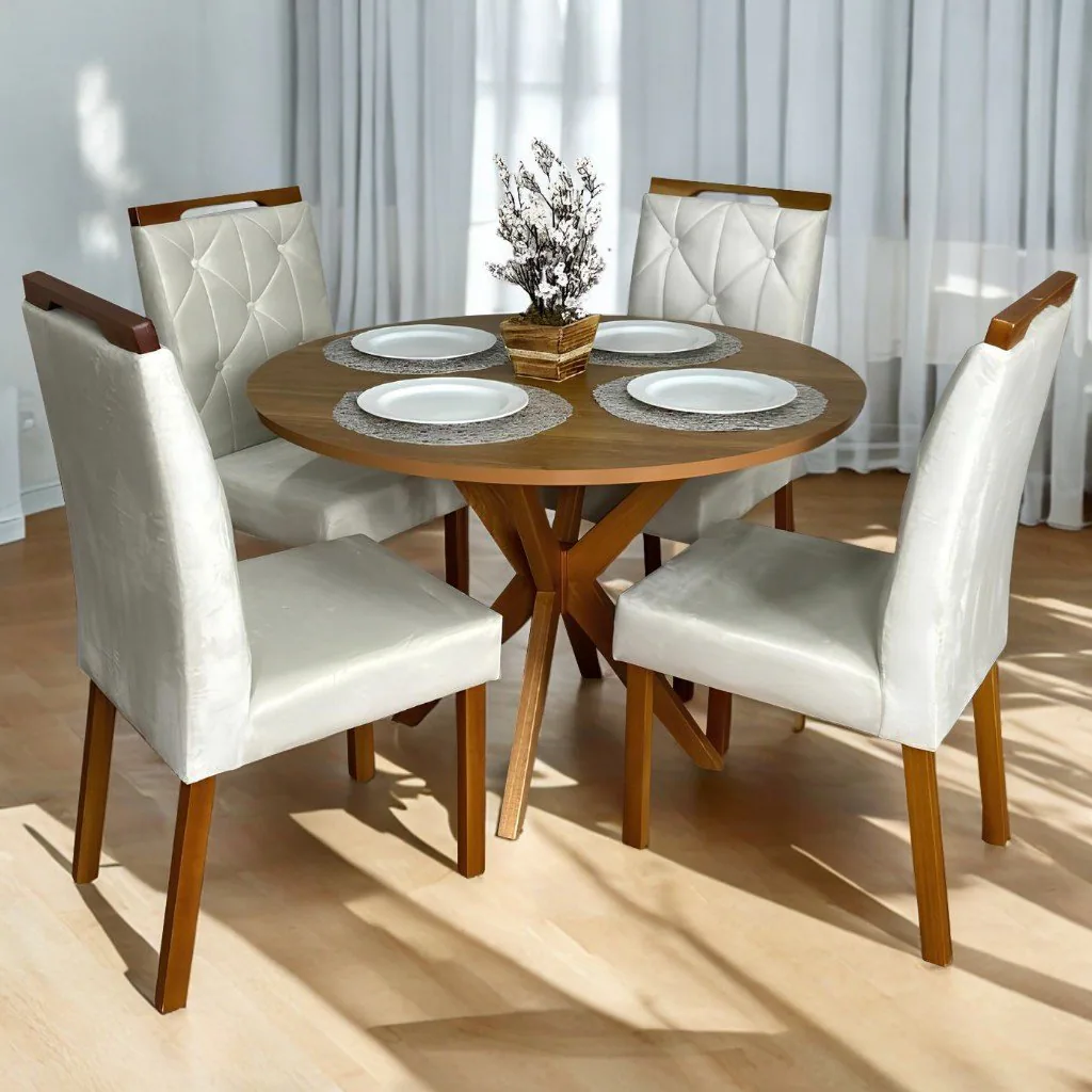 Mesa Redonda Simpatia 108 Cinamono com 4 Cadeiras Yasmim Veludo Bege – JCM MOVELARIA + KM DECOR