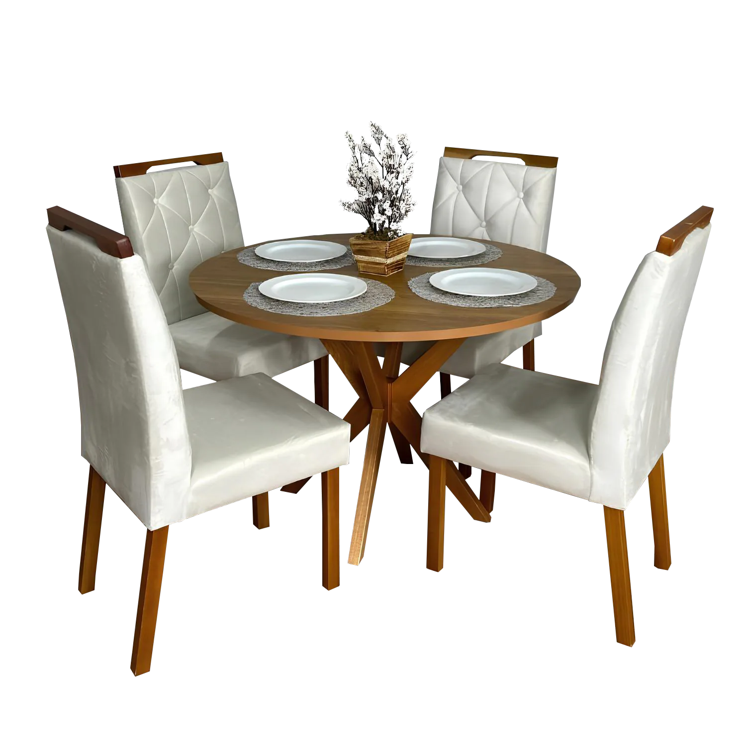 Mesa Redonda Simpatia 108 Cinamono com 4 Cadeiras Yasmim Veludo Bege – JCM MOVELARIA + KM DECOR