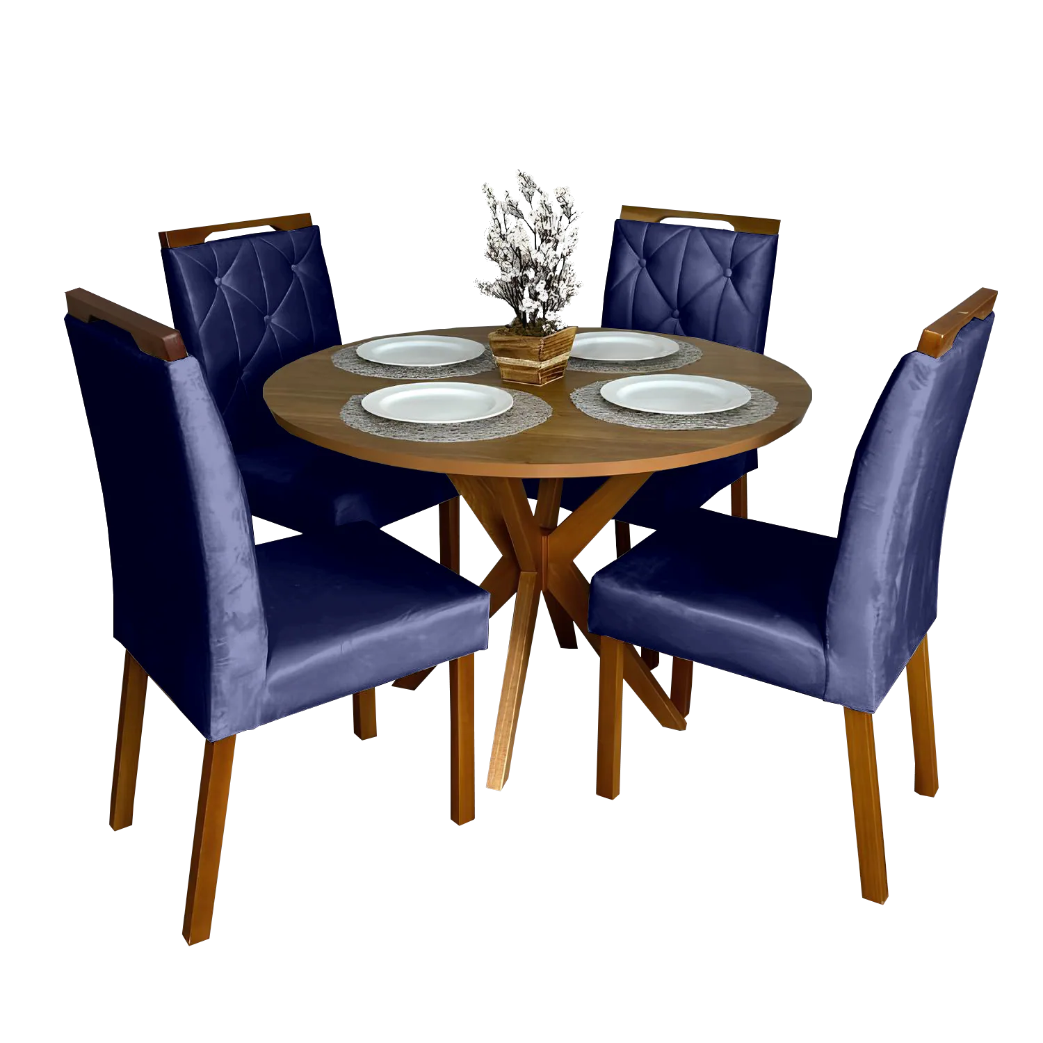 Mesa Redonda Simpatia 108 Cinamono com 4 Cadeiras Yasmim Veludo Azul – JCM MOVELARIA + KM DECOR