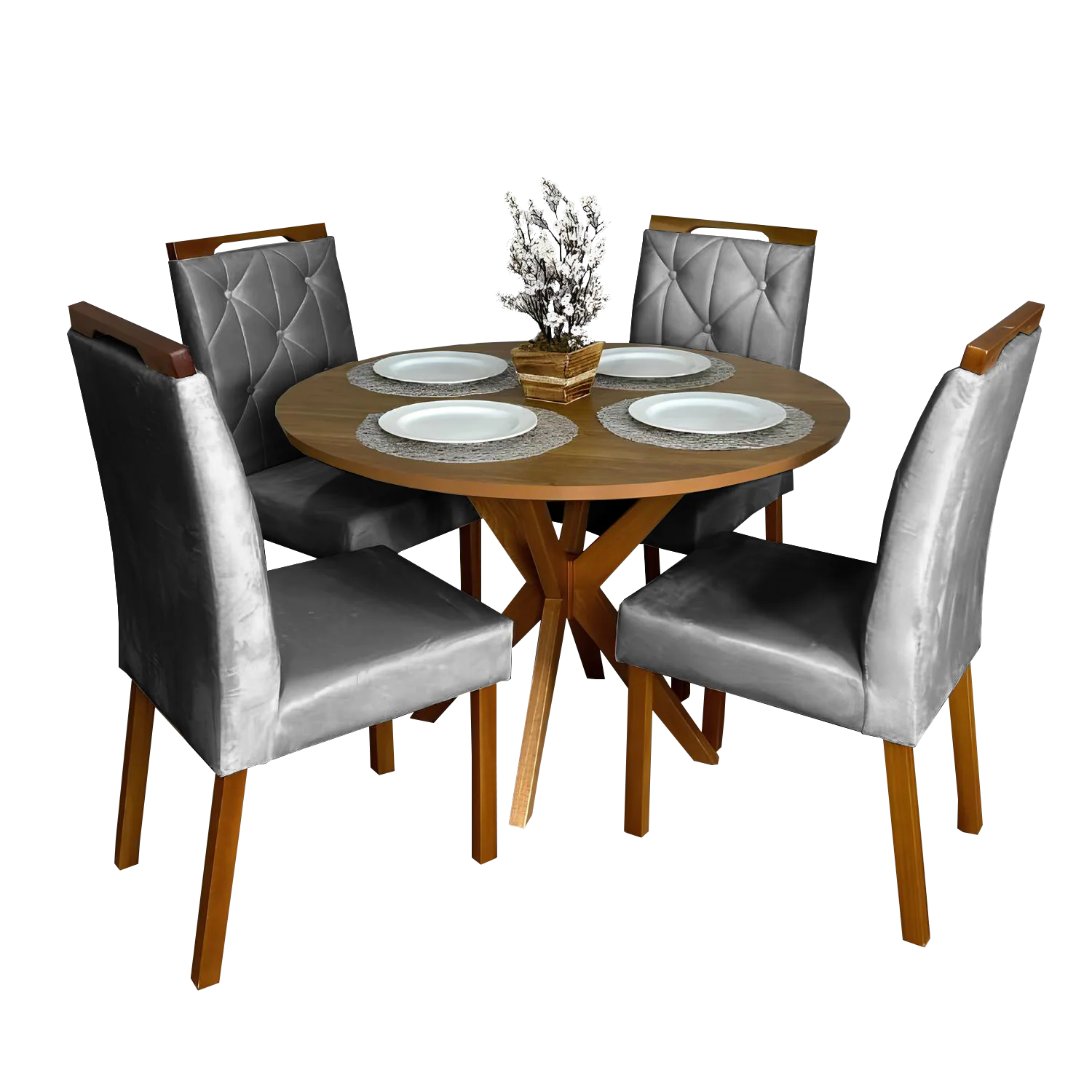 Mesa Redonda Simpatia 108 Cinamono com 4 Cadeiras Yasmim Veludo Cinza Grafite – JCM MOVELARIA + KM DECOR