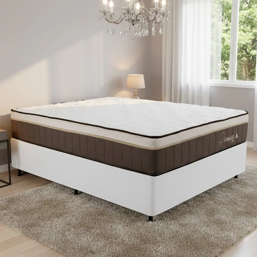 Colchão Casal Rondopremium 32 cm D33 Molas Ensacadas + Base Simples Corino Branco – RONDOMÓVEIS + ALTO NÍVEL
