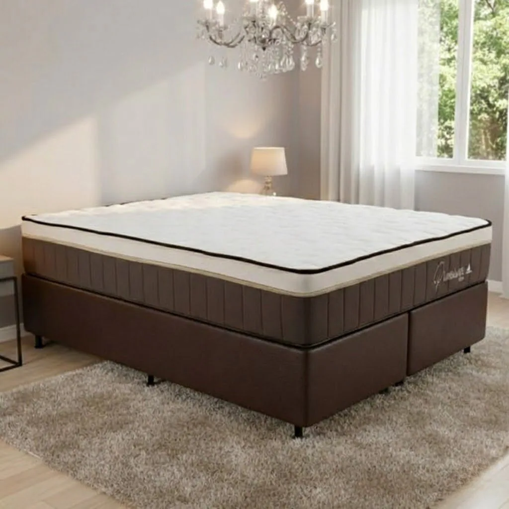 Colchão Queen Rondopremium Plus 32 cm D33 Molas Ensacadas + Base Simples Corino Marrom – RONDOMÓVEIS + ALTO NÍVEL