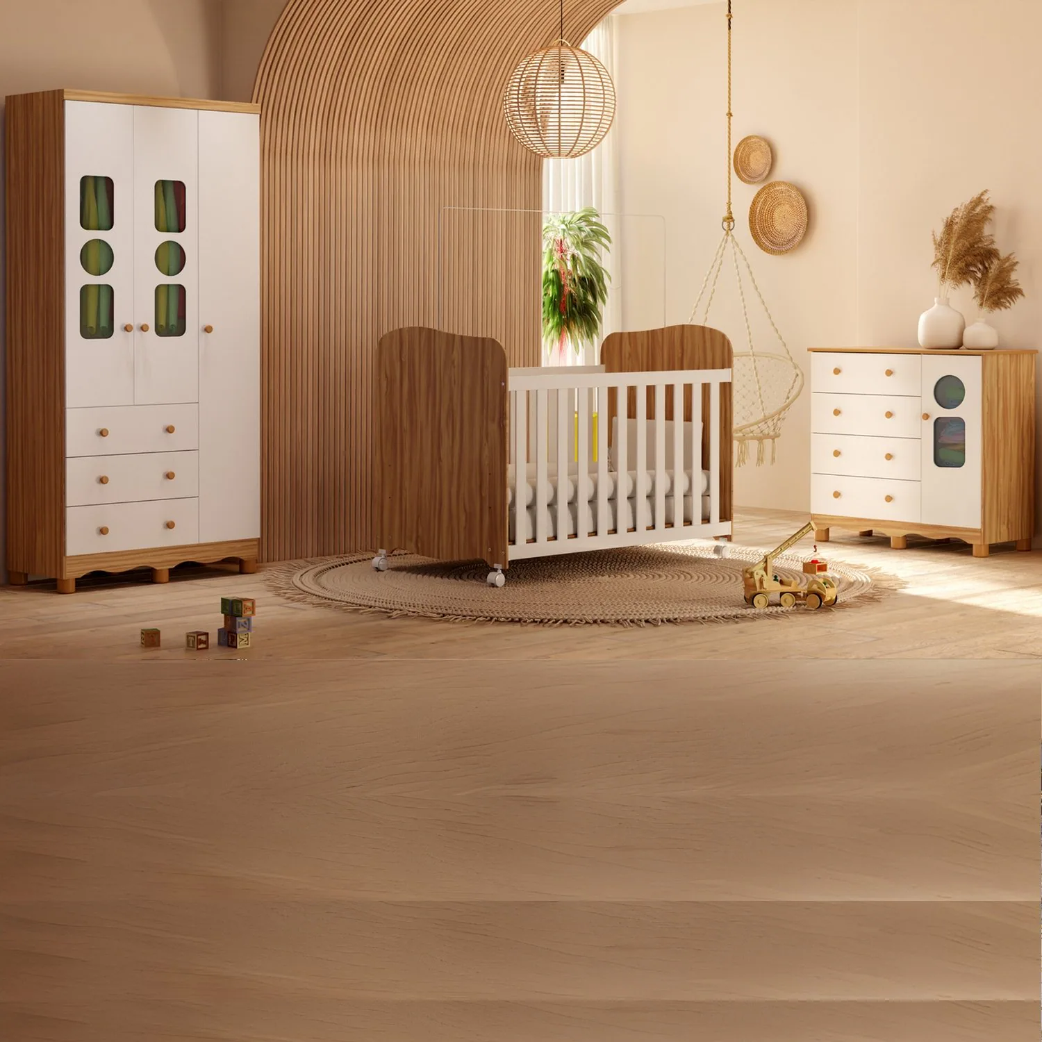Guarda-Roupa 3 Portas Tedy + Berço Americano Uli + Cômoda Tedy Branco Brilho/Amêndoa – PEROBA MÓVEIS