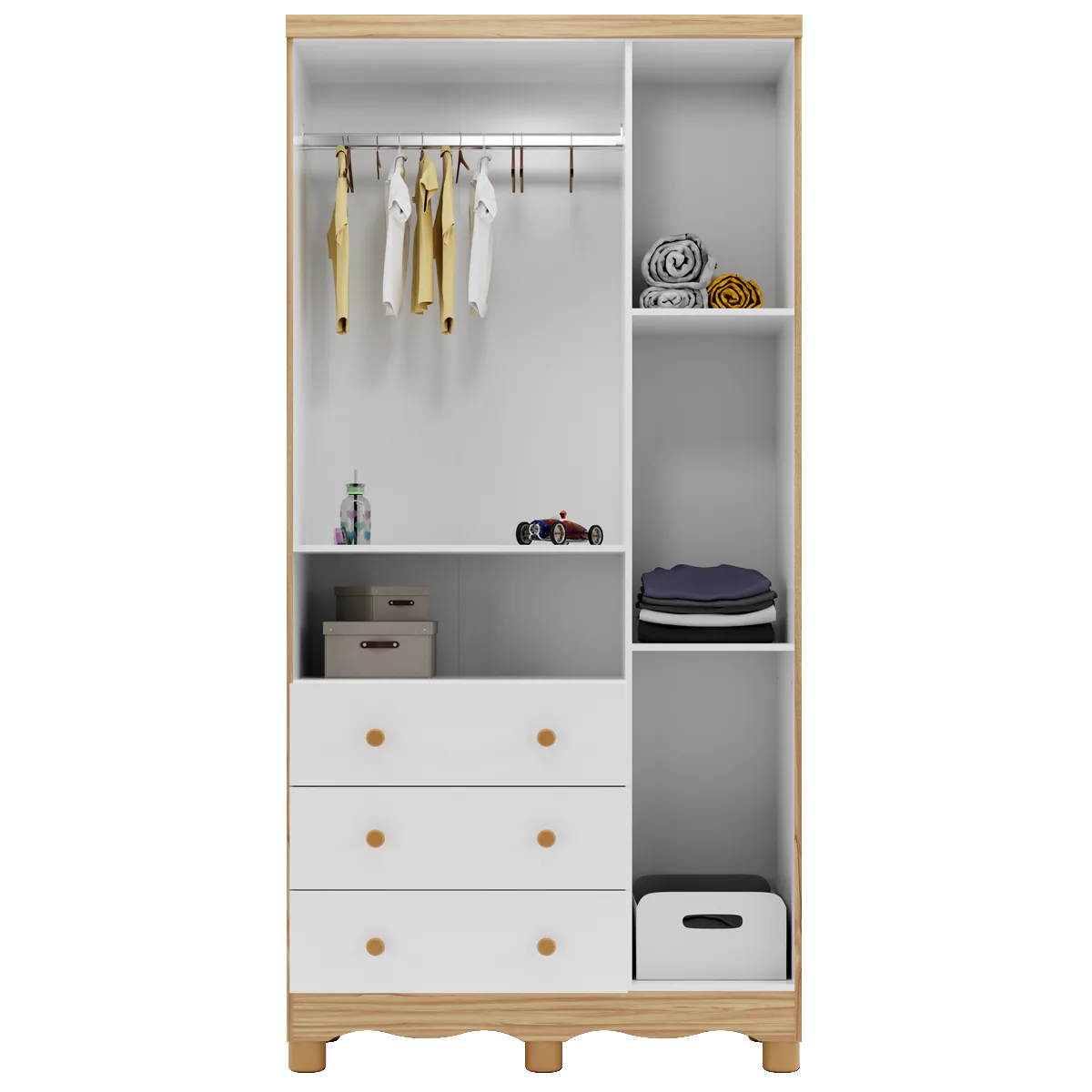 Guarda-Roupa 3 Portas Tedy + Berço Americano Uli + Cômoda Tedy Branco Brilho/Amêndoa – PEROBA MÓVEIS