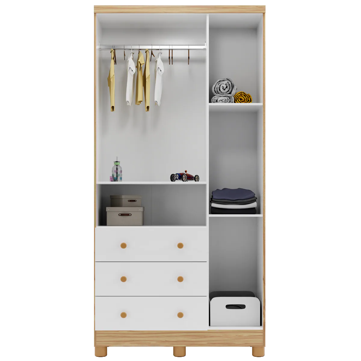 Guarda-Roupa 3 Portas Tedy + Berço Americano Uli + Cômoda Tedy Branco Brilho/Amêndoa – PEROBA MÓVEIS