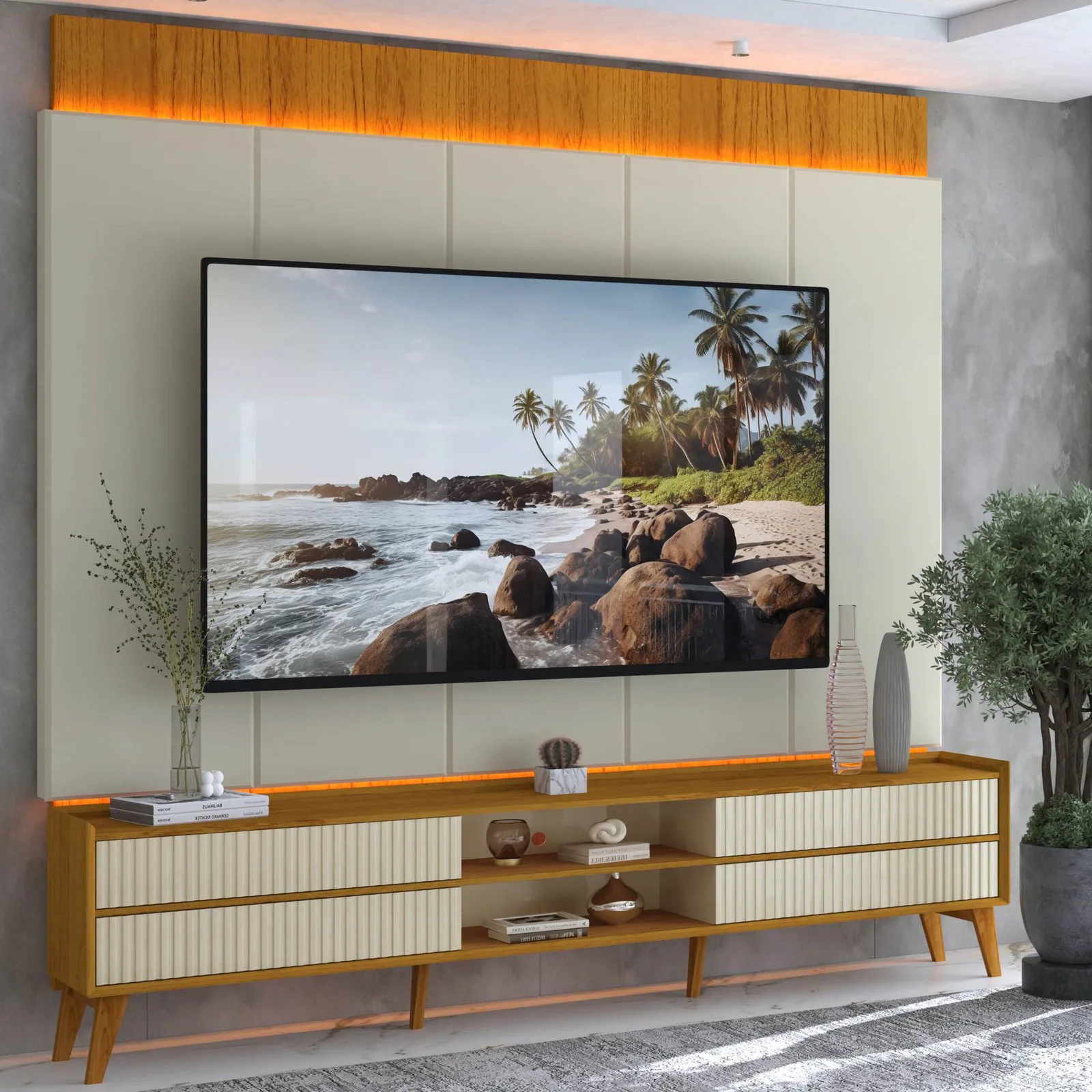 Painel + Rack até 85″ Magnífico Naturale/Off White – GELIUS