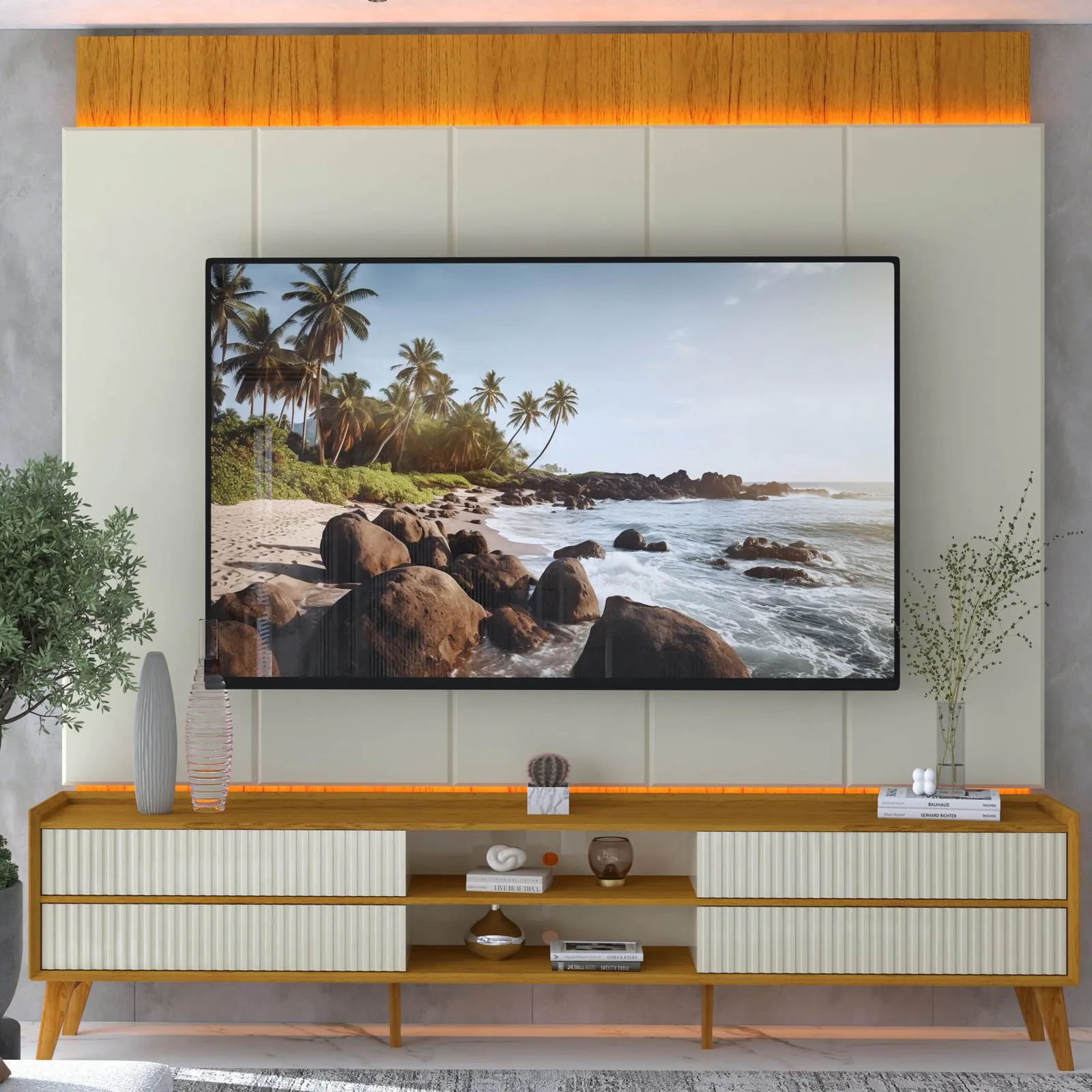 Painel + Rack até 85″ Magnífico Naturale/Off White – GELIUS