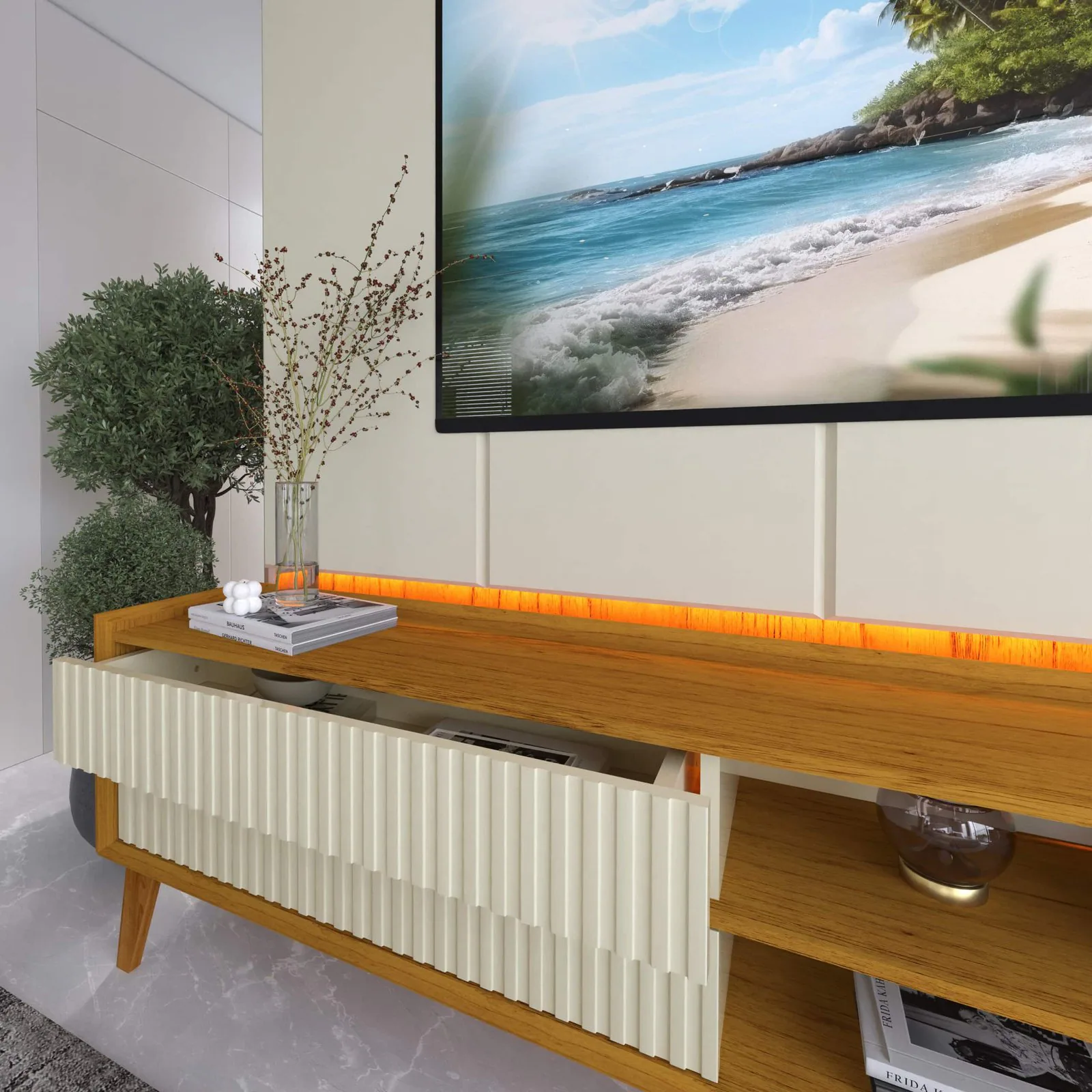 Painel + Rack até 85″ Magnífico Naturale/Off White – GELIUS