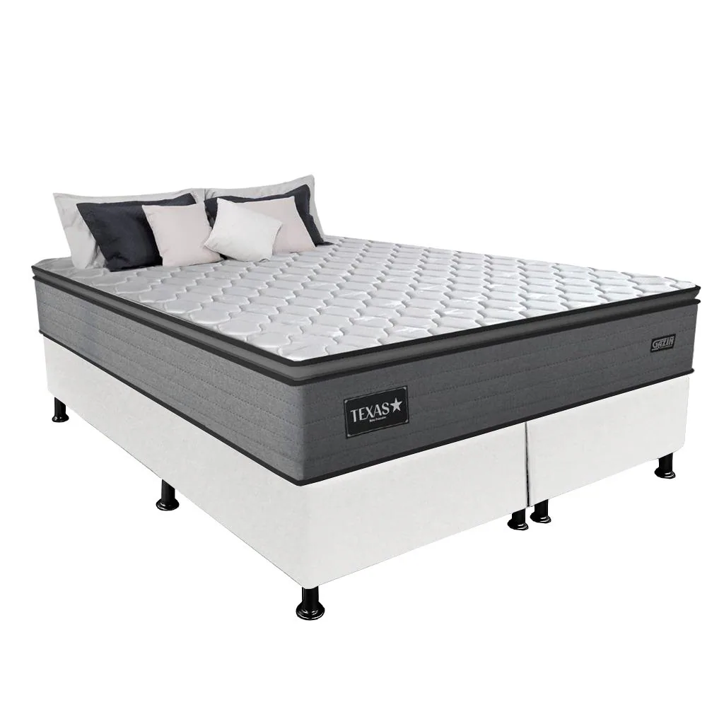 Colchão Queen Texas 29 cm D28 Molas Ensacadas + Base Simples Corino Branco – GAZIN COLCHÕES + ALTO NÍVEL