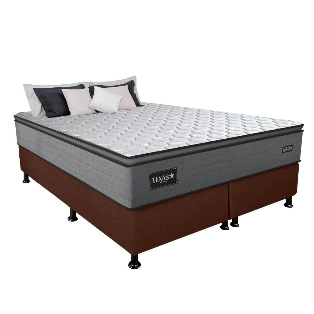 Colchão Queen Texas 29 cm D28 Molas Ensacadas + Base Simples Corino Marrom – GAZIN COLCHÕES + ALTO NÍVEL