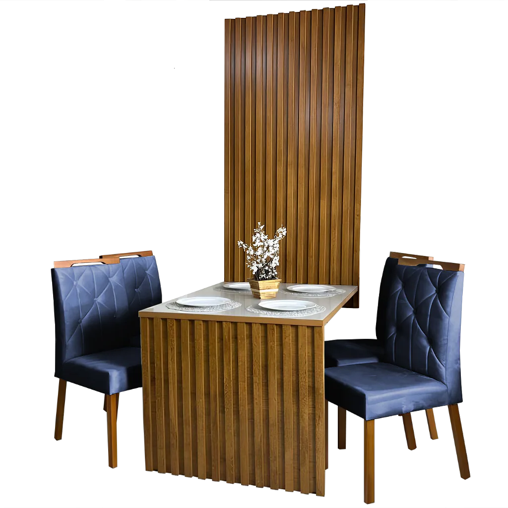 Mesa Cancun 120 Cinamomo/Off White com 4 Cadeiras Yasmim Veludo Azul – CEL MÓVEIS + KM DECOR