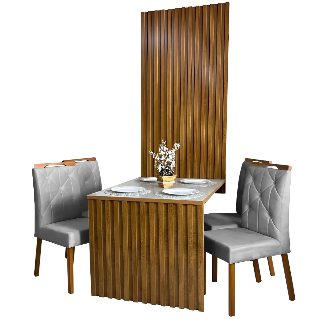 Mesa Cancun 120 Cinamomo/Off White com 4 Cadeiras Yasmim Veludo Cinza – CEL MÓVEIS + KM DECOR