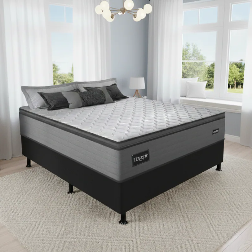Colchão Casal Texas 29 cm D28 Molas Ensacadas + Base Simples Corino Preto – GAZIN + BIOSTAR