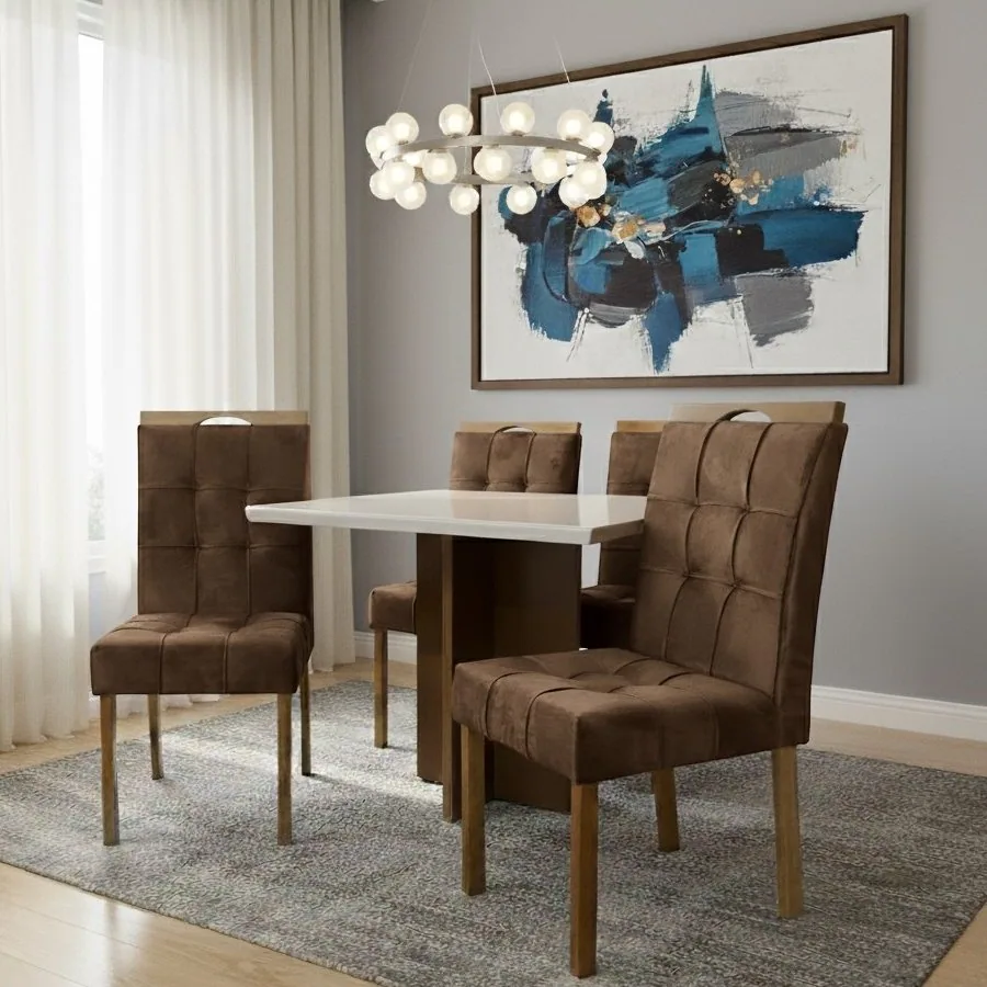 Mesa Salinas/Helô/Los Angeles 90 Cinamomo/Off White com 4 Cadeiras Sophia Veludo Marrom – CEL MÓVEIS + WM DECOR