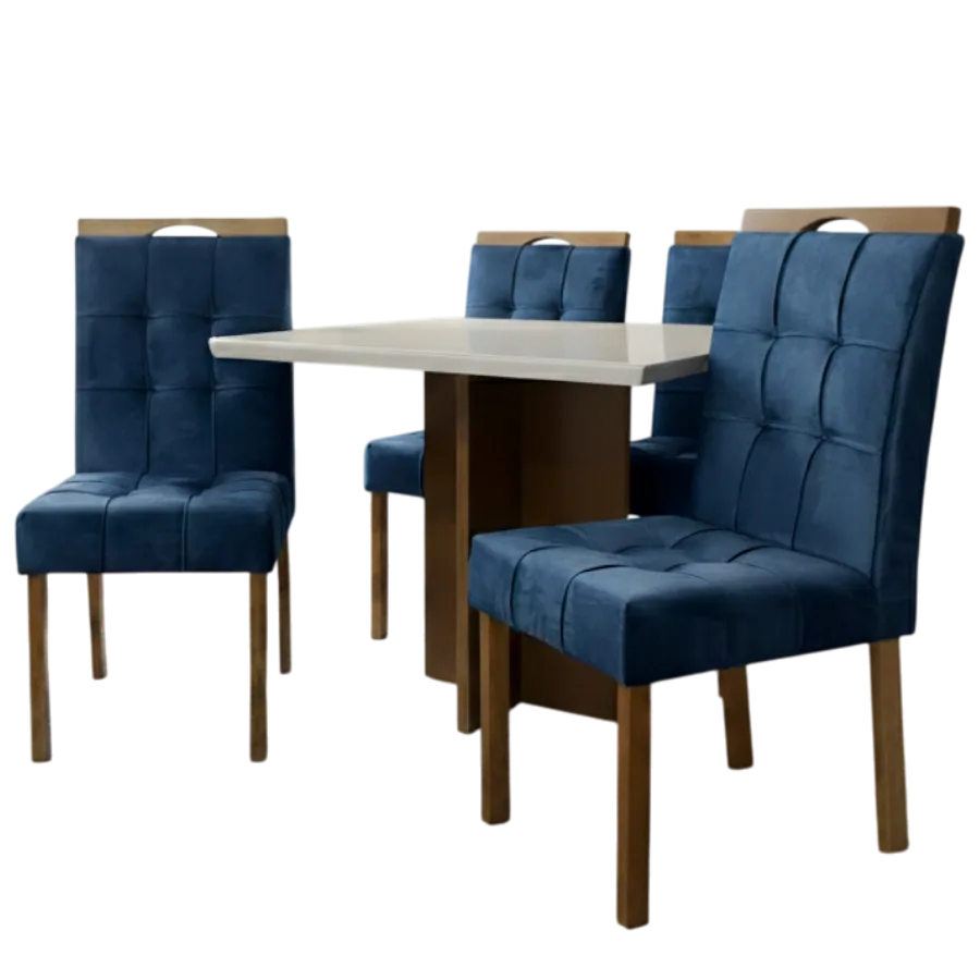 Mesa Salinas/Helô/Los Angeles 90 Cinamomo/Off White com 4 Cadeiras Sophia Veludo Azul – CEL MÓVEIS + WM DECOR