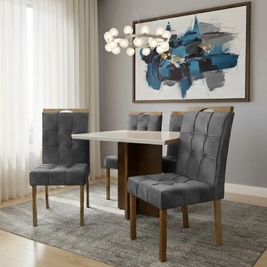 Mesa Salinas/Helô/Los Angeles 120 Cinamomo/Off White com 4 Cadeiras Sophia Veludo Cinza Grafite – CEL MÓVEIS + WM DECOR
