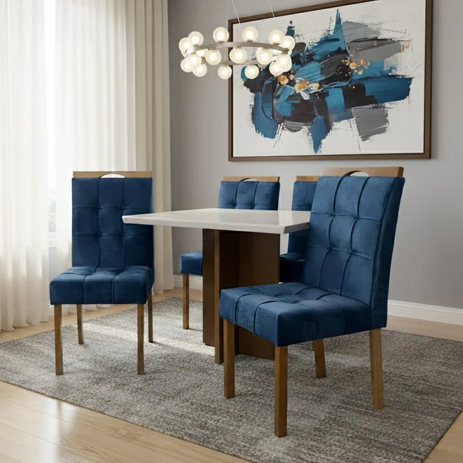 Mesa Salinas/Helô/Los Angeles 120 Cinamomo/Off White com 4 Cadeiras Sophia Veludo Azul – CEL MÓVEIS + WM DECOR