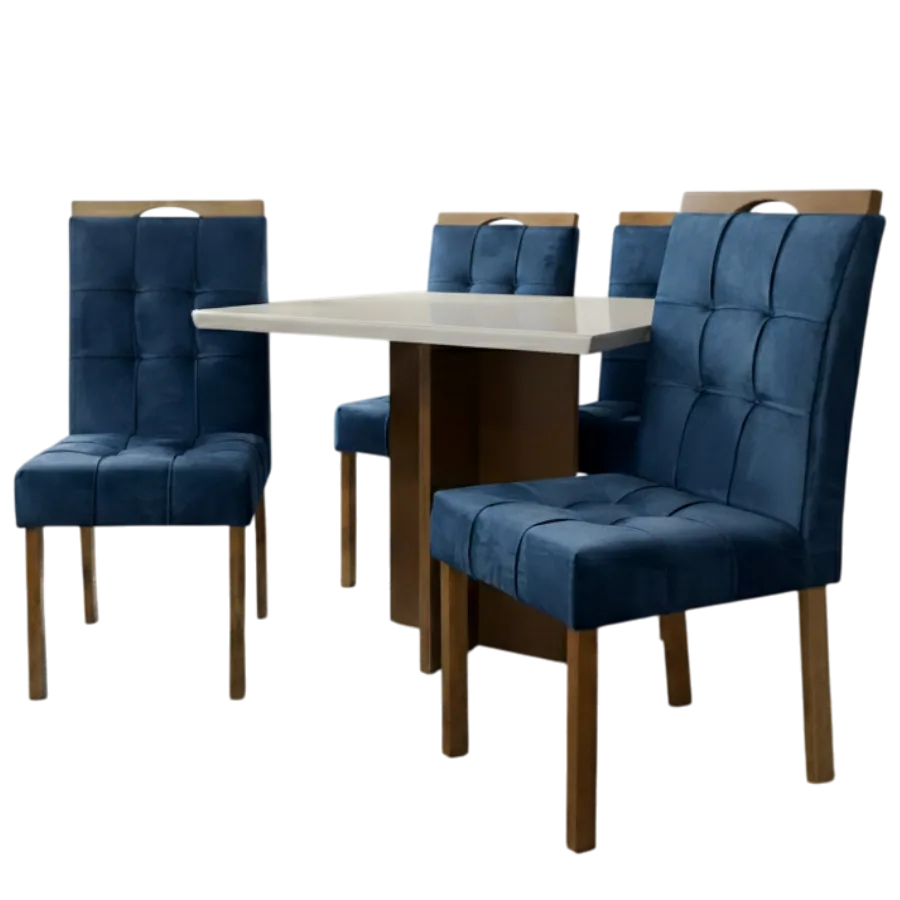 Mesa Salinas/Helô/Los Angeles 120 Cinamomo/Off White com 4 Cadeiras Sophia Veludo Azul – CEL MÓVEIS + WM DECOR