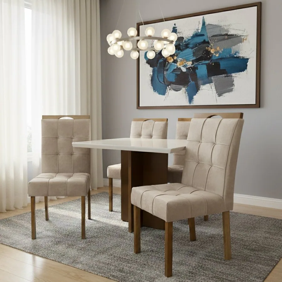 Mesa Salinas/Helô/Los Angeles 90 Cinamomo/Off White com 4 Cadeiras Sophia Veludo Bege – CEL MÓVEIS + WM DECOR