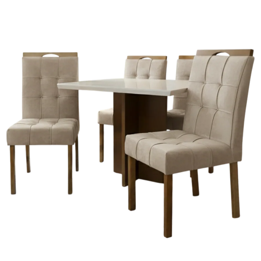Mesa Salinas/Helô/Los Angeles 90 Cinamomo/Off White com 4 Cadeiras Sophia Veludo Bege – CEL MÓVEIS + WM DECOR