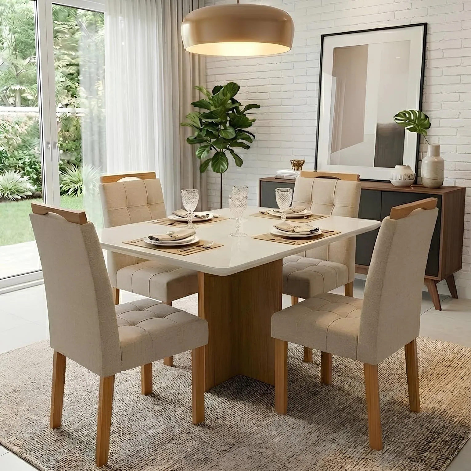 Mesa Salinas/Helô/Los Angeles 120 Cinamomo/Off White com 4 Cadeiras Sophia Veludo Bege – CEL MÓVEIS + WM DECOR