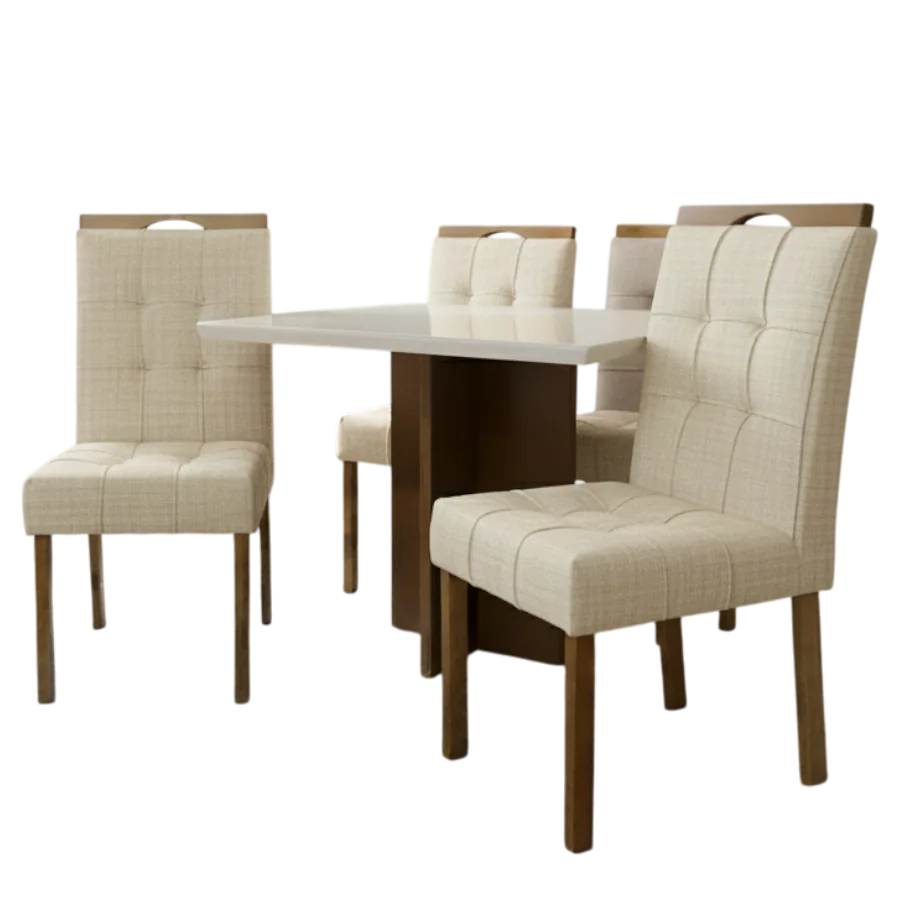 Mesa Salinas/Helô/Los Angeles 90 Cinamomo/Off White com 4 Cadeiras Sophia Linho Bege 200 – CEL MÓVEIS + WM DECOR