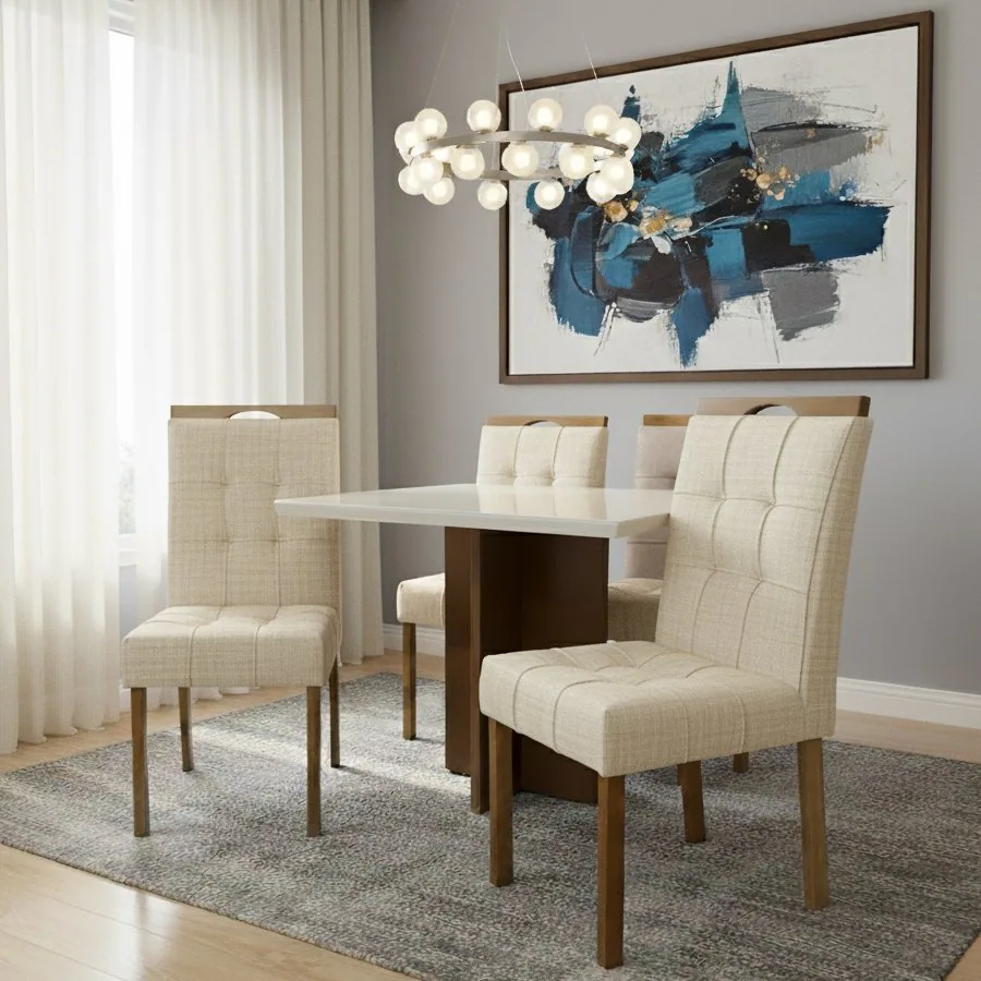 Mesa Salinas/Helô/Los Angeles 120 Cinamomo/Off White com 4 Cadeiras Sophia Linho Bege 200 – CEL MÓVEIS + WM DECOR