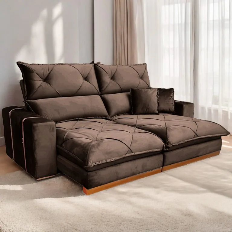 Sofá Retrátil e Reclinável Gran Bello Light 2,50 m Veludo Marrom – QUINE ESTOFADOS